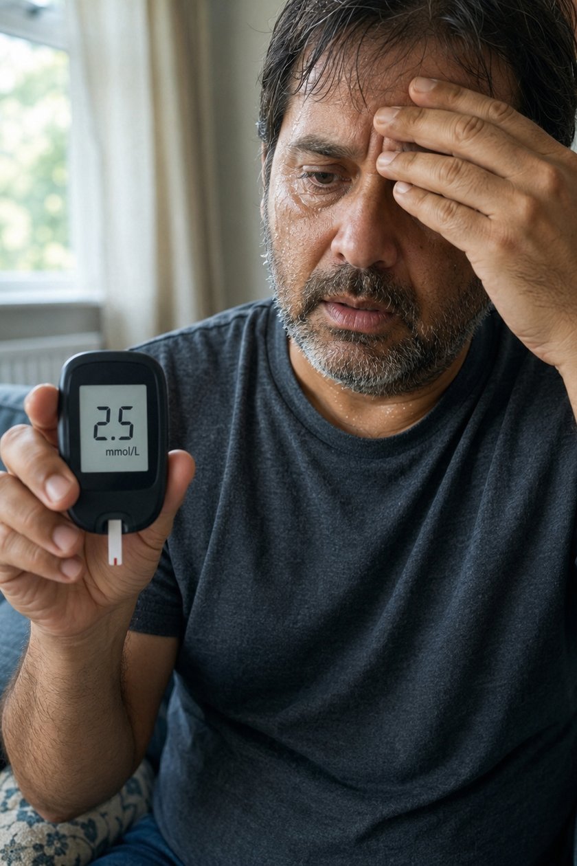 A man at home during a hypo, checking a glucose meter reading 2.5 mmol/L